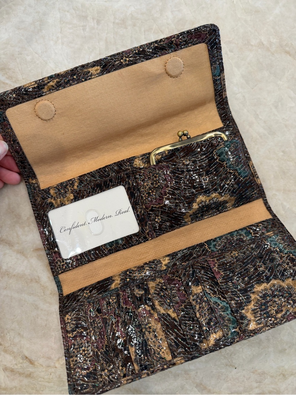 HOBO Metallic Floral Embossed Wallet — Gold, Teal, Brown